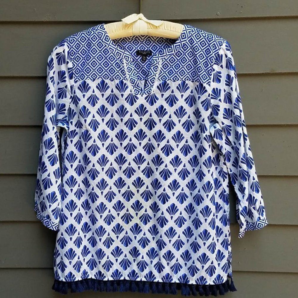 Talbot's Blue White Geometric Print Cotton Top size MP